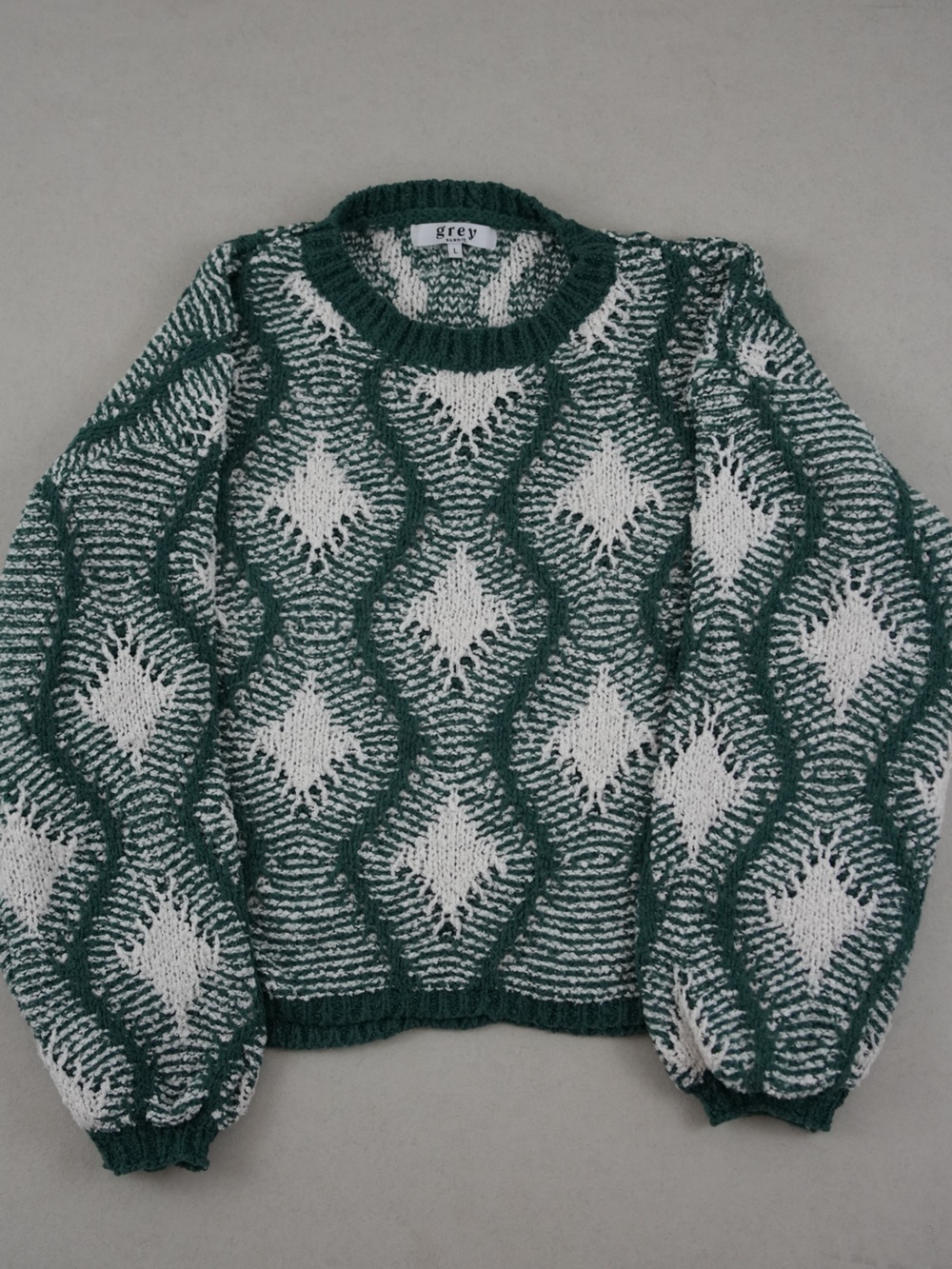 Grey Green and White Patterned Knit Sweater